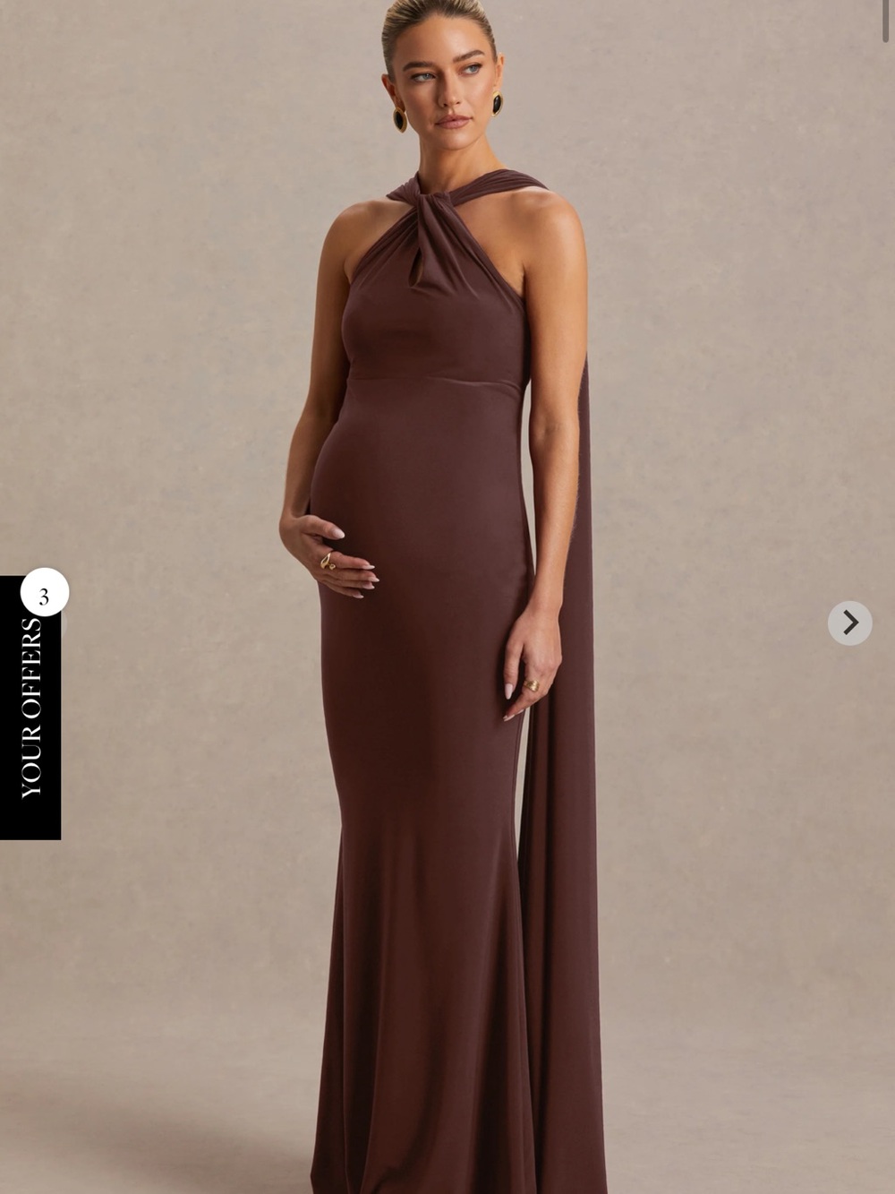 Club L London LYRA Brown Cross Halter-Neck Maternity Maxi Dress With Cape
